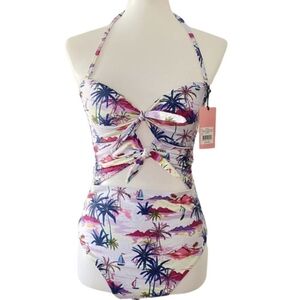 Juicy Couture Front Tie & Smocked Keyhole Palm Print Swimsuit size Small